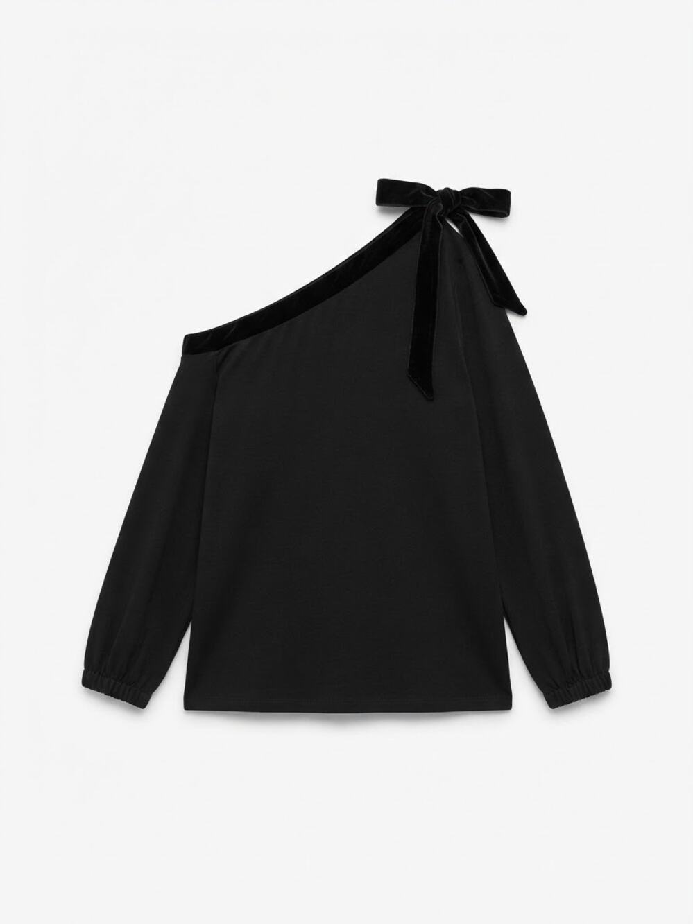 LOFT One-Shoulder Top Womens S Black Velvet Bow Long Sleeve Asymmetric Chic